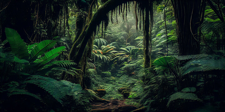 Dense rainforest with lush green foliage generated by AI