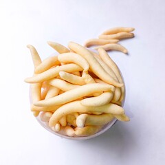 This snack in Indonesia is called Stik telur gabus (cork egg sticks) because it looks like cork fish eggs. It has a savory and strong egg taste. Crispy, delicious served as a snack for family or guest