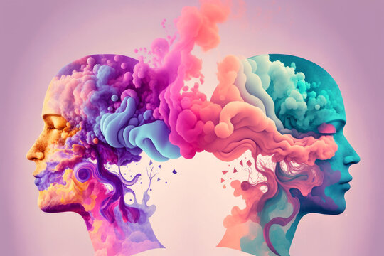 Ai artwork of a colorful smoke background in shape of himan heads. Pastel color pallette. Generative ai.