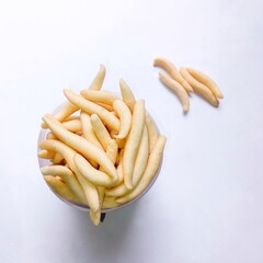 This snack in Indonesia is called Stik telur gabus (cork egg sticks) because it looks like cork fish eggs. It has a savory and strong egg taste. Crispy, delicious served as a snack for family or guest