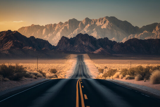 Photorealistic ai artwork of a straight road at sunset or sunrise in the desert canyons. Generative ai.