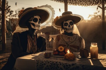 Dia de los muertos and Cinco de Mayo Themes,  male and female catrina: Catrina and Catrin wearing sugar skull make up at the Mexican desert . Generative AI	