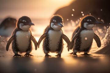 Photorealistic ai artwork of an up-close penguin colony on the beach at dusk or sunset. Generative ai.
