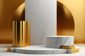 White marble and gold podium for product presentation, mockup, illustration ai generative