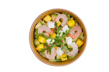 Salad with mango and shrimps for online restaurant menu on white background