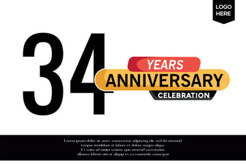 34th anniversary celebration logotype black yellow colored with text in gray color  isolated on white background vector template design 