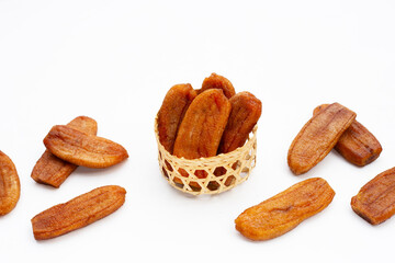 Sun dried bananas on white background.