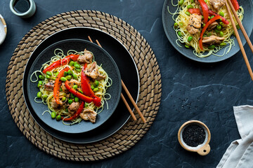 a delicious chicken edamame dish garnished with black sesame seeds.
