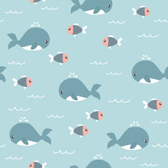 Seamless pattern with cute cartoon whale and fish. Sea animals on blue background. Vector illustration. 