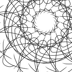 Abstract black and white background with spirals and lines.