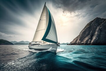 Sailing ships yachts with white sails in the open sea. AI Generation - obrazy, fototapety, plakaty