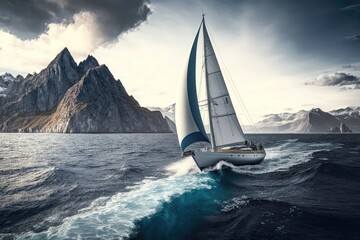 Fototapeta na wymiar Sailing ships yachts with white sails in the open sea. AI Generation
