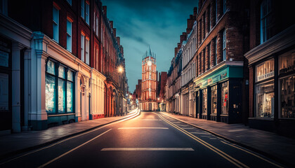 a deserted street in the trendy neighborhood of Soho in London, with the urban energy and eclectic architecture of the city in the background - Generative AI - obrazy, fototapety, plakaty