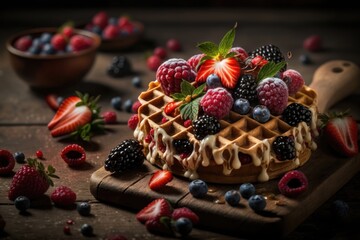Waffles with berries, strawberries. AI generation
