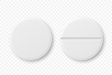 Vector 3d Realistic White Round Pharmaceutical Medical Pill, Capsule, Tablet Icon Set Closeup Isolated. Front, Top View. Medicine, Health Concept