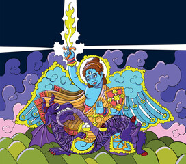 Archangel Michael defeats evil - drawing in the style of Kerala painting, India