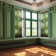 A room with light green walls and a large window1, Generative AI