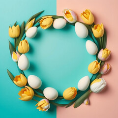 Naklejka na ściany i meble Easter eggs and flowers half tone wreath background ai generated 