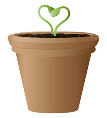 A pair of new seedlings forming a heart in a pot
