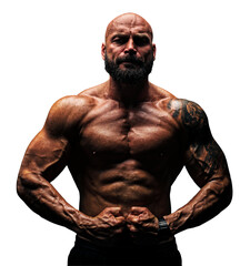 Strong man bodybuilder posing, tattoo on hand