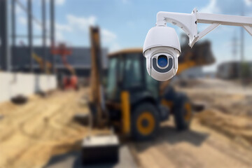 CCTV camera watching an excavator and workers working on a construction site.