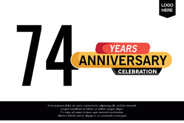 74th anniversary celebration logotype black yellow colored with text in gray color isolated on white background vector template design
