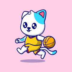 Cute cat playing basketball cartoon icon illustration. funny character for stickers and business