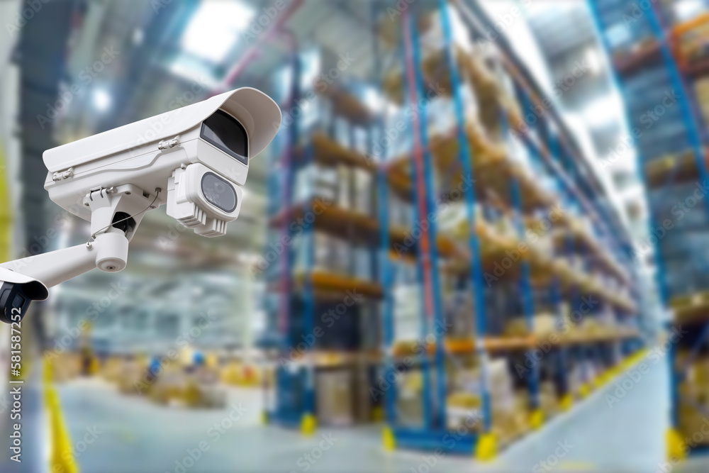 Poster closed circuit camera multi-angle cctv system against the background of a modern warehouse complex. 
