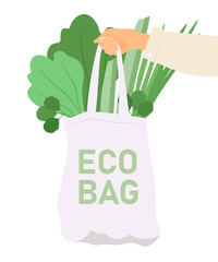Eco bag with greenary in hand isolated on a white background. Vector illustration.