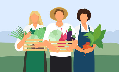 Farmers hold baskets of vegetables. Vector illustration in cartoon style. Man and women with greenery on the background of the field.