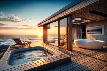 Fototapeta premium A house with an open-air design that includes a large deck overlooking the ocean, complete with a hot tub - Generative AI