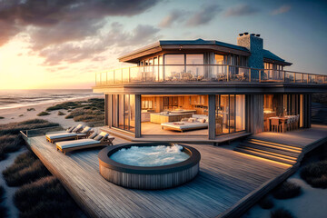 A house with an open-air design that includes a large deck overlooking the ocean, complete with a hot tub - Generative AI