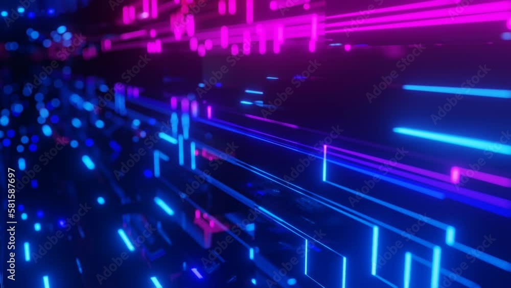 Poster pattern like sci-fi hologram. fly through technology cyberspace with neon glow. sci-fi flight throug