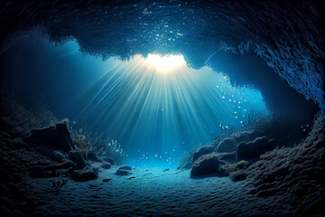 Underwater Sea. Deep Water Abyss With Blue Sun light. Generative AI. (1)