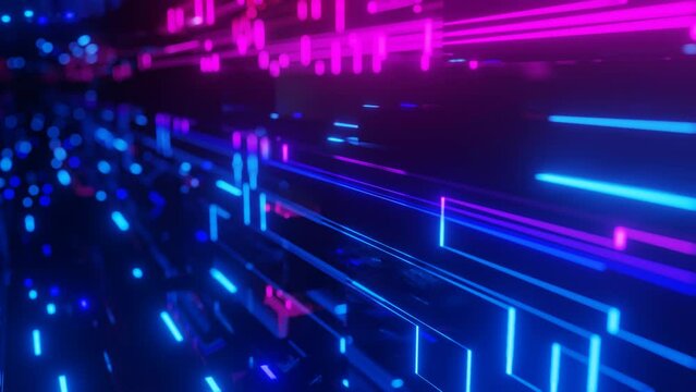pattern like sci-fi hologram. Fly through technology cyberspace with neon glow. Sci-fi flight through hi-tech technology tunnel. Glow line. 3d looped seamless 4k bright bg. Data flow. Blocks