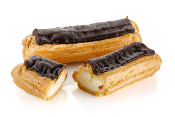 Eclairs isolated on white background. Delicious french dessert. Sweet dessert.