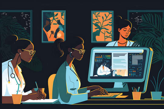  Flat vector illustration Portrait of doctor, computer and black woman doing internet research in health office at night. Laptops, health workers and lucky nurses from... 