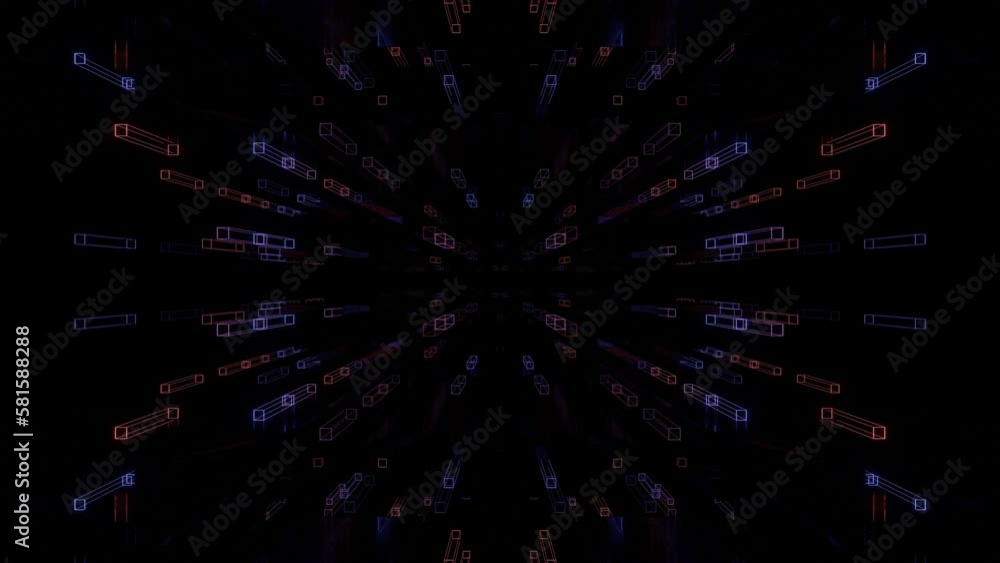Poster fly through symmetrical tunnel with neon glow 3d objects, sci fi glow pattern. bright reflection neo
