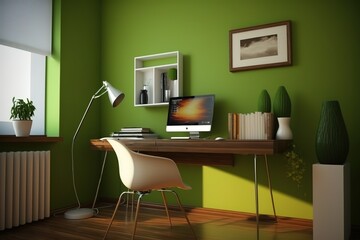Green wall desk and wooden floor stylish interior, Generative AI