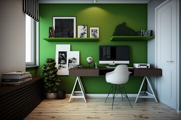 Green wall desk and wooden floor stylish interior, Generative AI