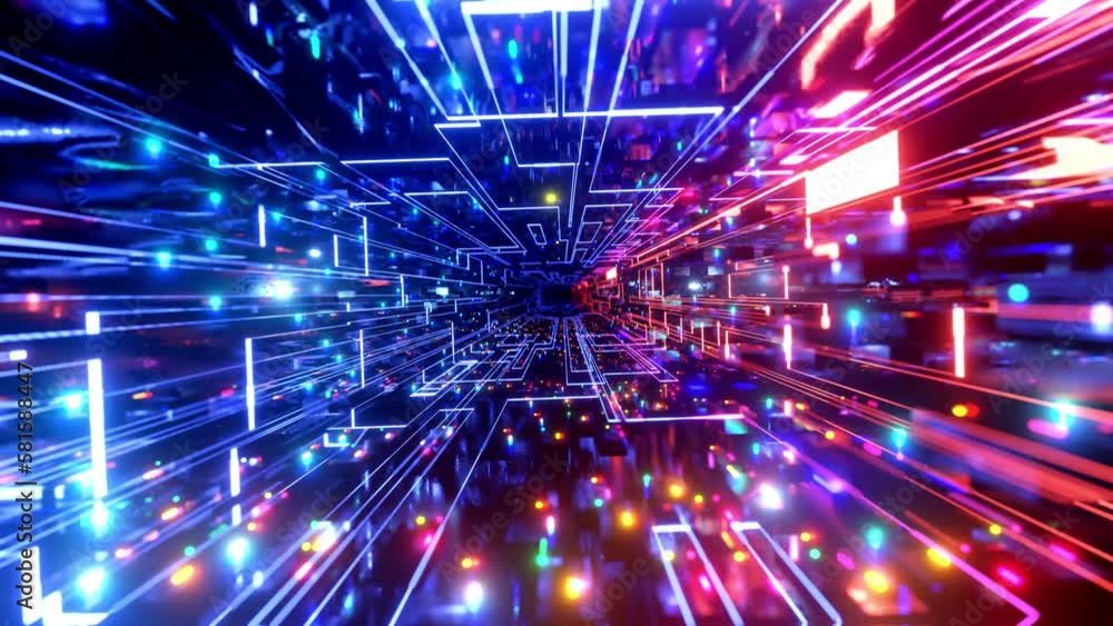 Poster neon light, sci-fi constructions, mysterious 3d objects and hologram. flight through hi-tech technol