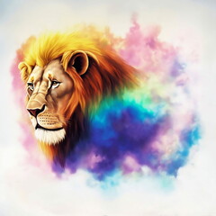 lion head in the sky colorful with vibrant dust clouds around, generative ai