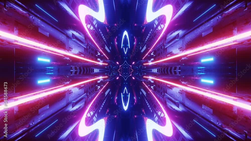 Poster glow sci fi symmetrical construction. vj loop trendy neon tunnel. hi tech neon tunel. sci-fi flight 