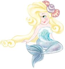 Isolated image of the pretty little mermaid in color pencil drawing style