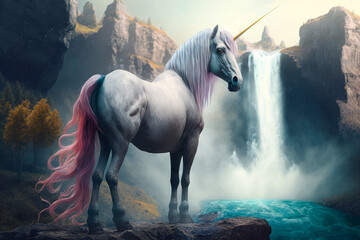 Obraz na płótnie Canvas A mystical unicorn with a rainbow-colored mane and tail, standing on a cliff overlooking a breathtaking waterfall - Generative AI