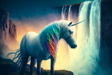 Fototapeta na wymiar A mystical unicorn with a rainbow-colored mane and tail, standing on a cliff overlooking a breathtaking waterfall - Generative AI
