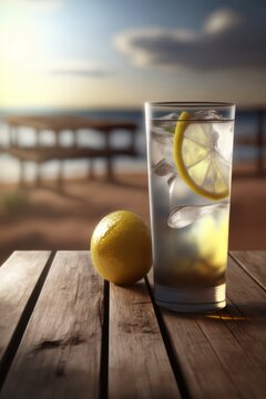 A refreshing glass of lemonade with lemon slices at the beach on a wooded table. Generative AI. 