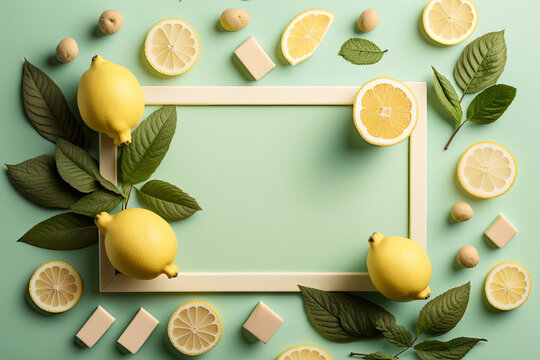 Lemons on mint background with place for text. Illustration AI Generative