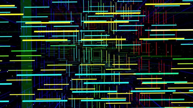 Motion graphic, camera fly throungh abstract art space, multilayer structure with pattern and particles. Glow rectangles, streaks and lines. Rainbow gradient color. Motion design vj loop. 3d structure