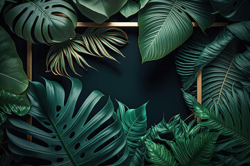 Naklejka na ściany i meble Tropical palm leaves with empty space in the middle. Illustration AI Generative